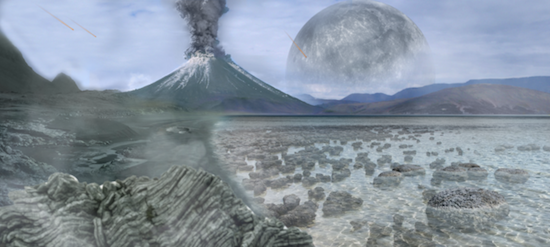 For a long part of the Earth's history, there was very little oxygen in the atmosphere. Artist's illustration of the Hadean Eon by Tim Bertelink.<br> Archaen illustration